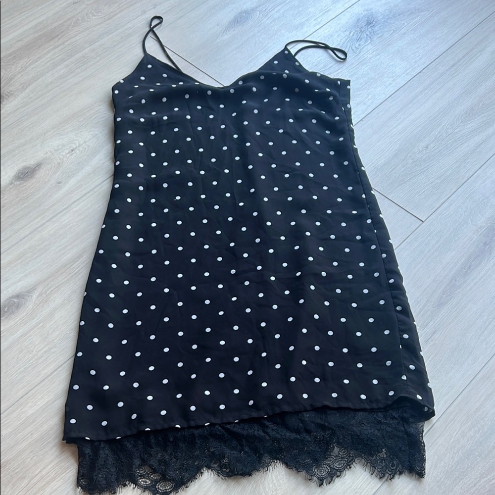 Black Polka Dot Slip Dress with Lace Trim